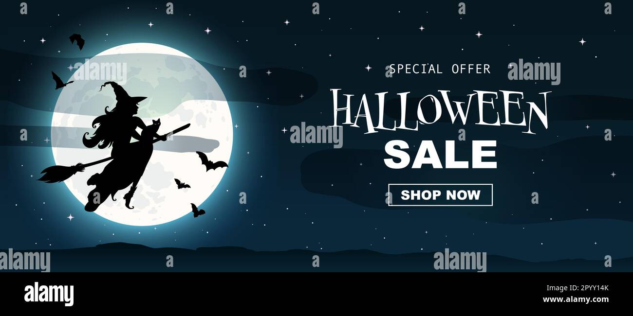 Sorcière volant sur un bâton de couve à travers la pleine lune.Vente Illustration de Vecteur