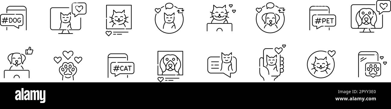 Présence de médias sociaux PET. Blogueurs de chats et de chiens. Ensemble d'icônes de contour pixel Perfect et modifiables Illustration de Vecteur