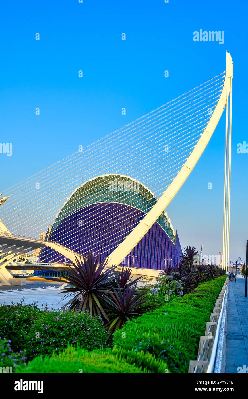Valence, Espagne - 17 juillet 2022 : Pont de l'Assut de l'Or et bâtiments de l'Agora. Le "Ciutat des Arts i les Ciències" a été conçu par Santiago Calatrava Banque D'Images