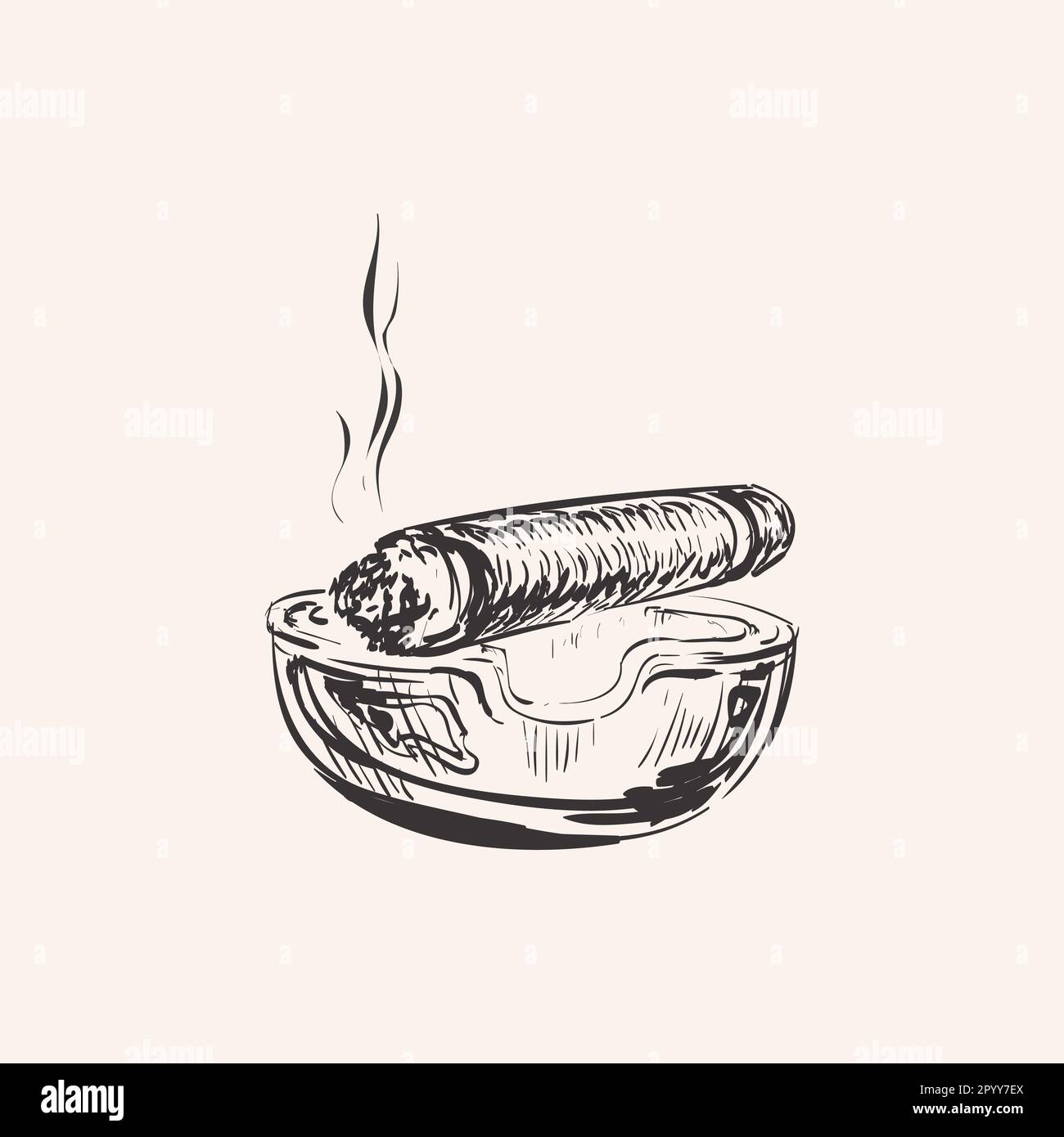 Cigare fumant avec cendrier dessiné à la main. Illustration de Vecteur