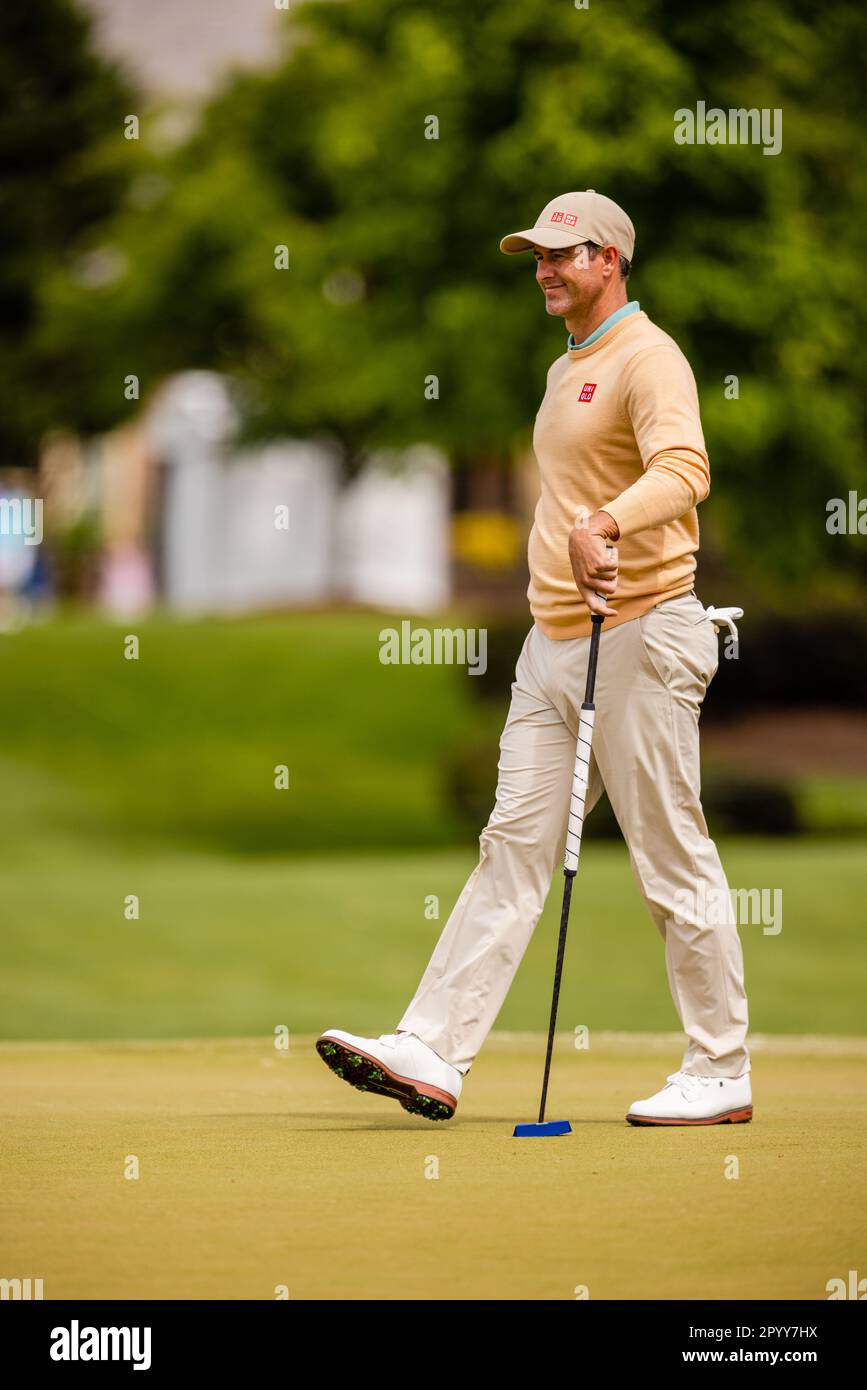 Charlotte, Caroline du Nord, États-Unis. 5th mai 2023. Adam Scott sur le green 4th pendant la deuxième manche du championnat Wells Fargo 2023 au Quail Hollow Club de Charlotte, NC. (Scott Kinser/Cal Sport Media). Crédit : csm/Alay Live News Banque D'Images