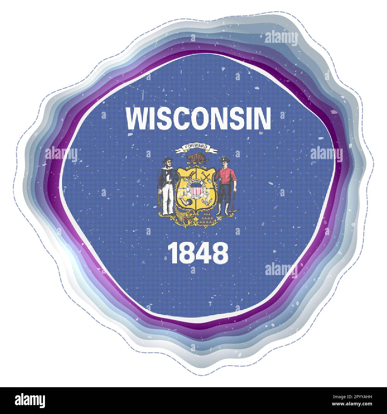 Drapeau du Wisconsin dans le cadre. Badge de l'état américain. Panneau circulaire en couches autour du drapeau du Wisconsin. Illustration vectorielle élégante. Illustration de Vecteur