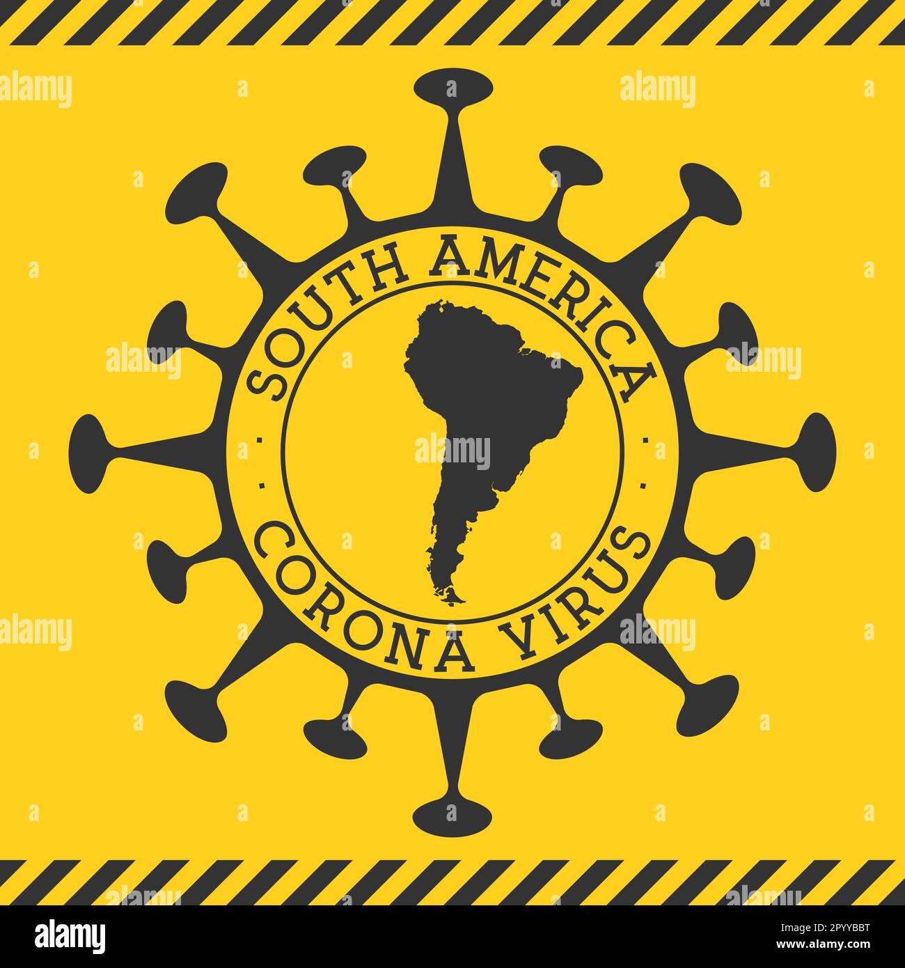 Signe du coronavirus en Amérique du Sud. Badge rond avec forme de virus et carte de l'Amérique du Sud. Tampon de verrouillage de l'épidémie du continent jaune. Illustration de Vecteur