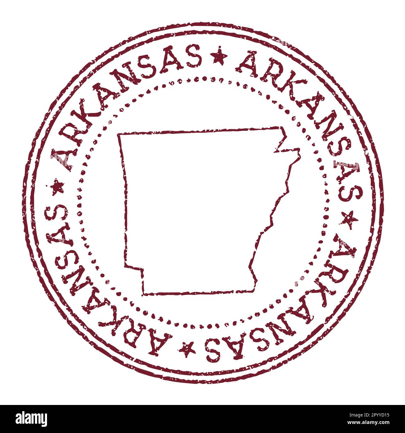 Tampon en caoutchouc rond Arkansas avec carte de l'État des États-Unis. Timbre passeport rouge vintage avec texte circulaire et étoiles, illustration vectorielle. Illustration de Vecteur