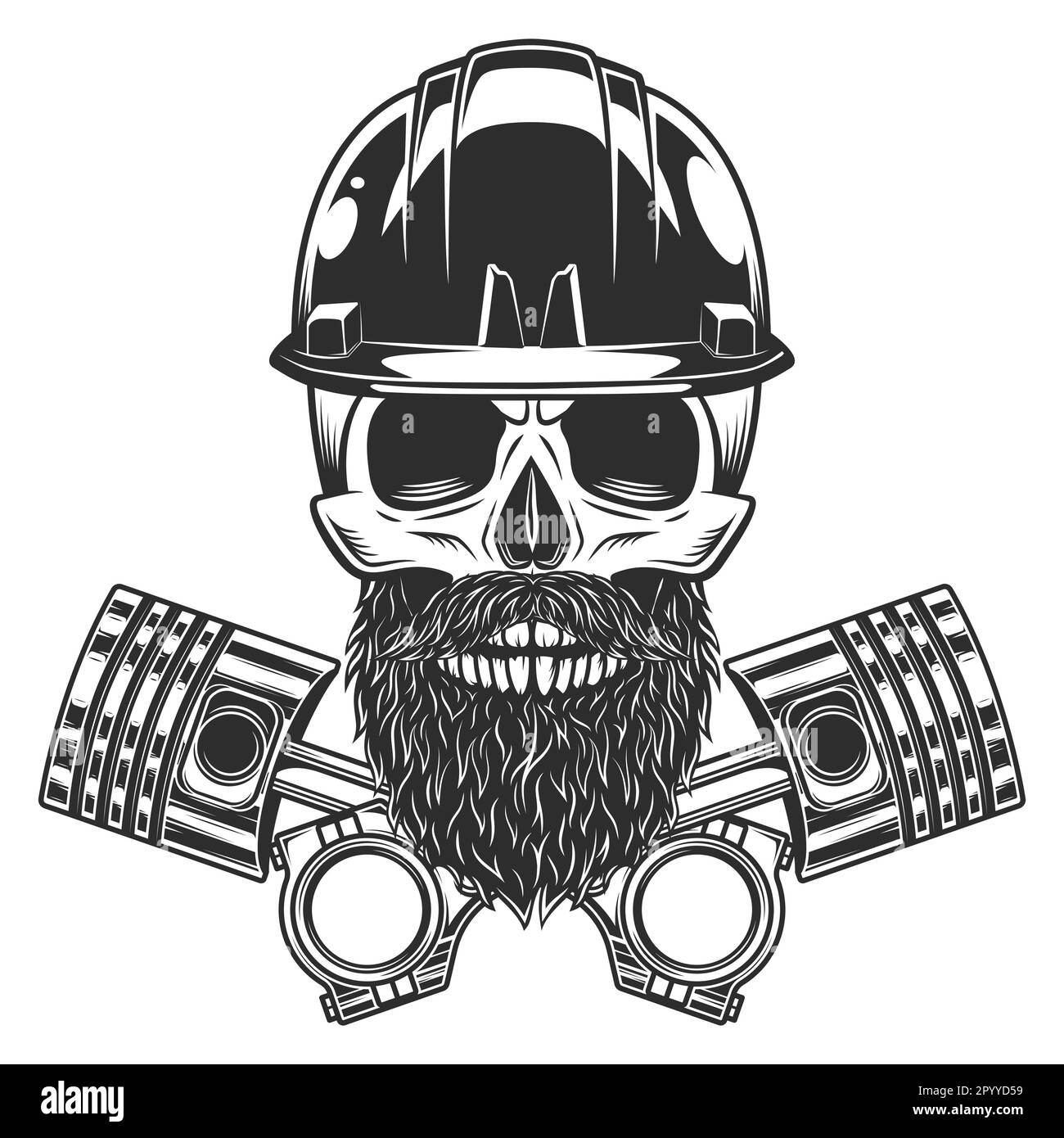 Crâne avec barbe et moustache en casque de construction avec pistons de moteur croisés réparation moto, voiture et camion affaires dans vintage Banque D'Images