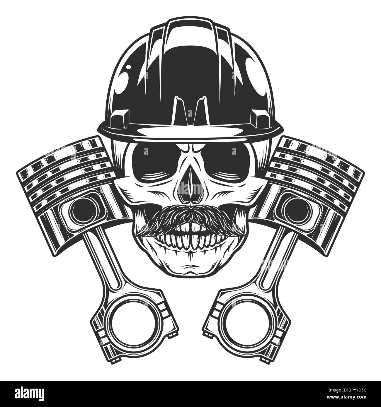 Crâne avec moustache en casque de construction de casque avec pistons de moteur croisés réparation moto, voiture et camion affaires dans vintage Banque D'Images