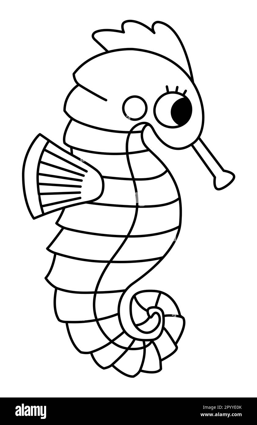 Icône représentant un hippocampe noir et blanc vectoriel. Sous l'illustration de la ligne de mer avec le joli poisson drôle. Clipart animal océan. Dessin animé sous-marin ou clip de marine Illustration de Vecteur