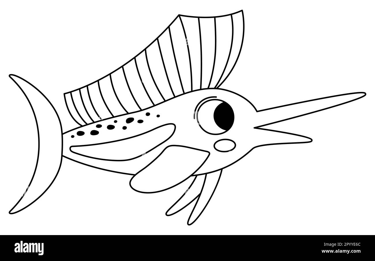 Icône représentant un voilier noir et blanc vectoriel. Sous la ligne de mer illustration avec mignon poisson drôle avec le long nez. Clipart animal océan. Dessin animé sous l'eau ou Illustration de Vecteur