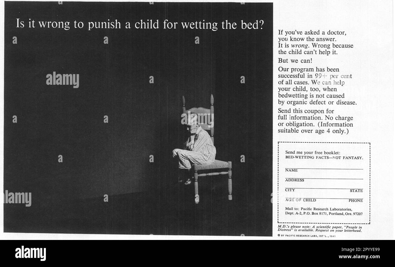 Publicité de Bed-mouillage Facts dans un magazine de journal, février 1965 Banque D'Images