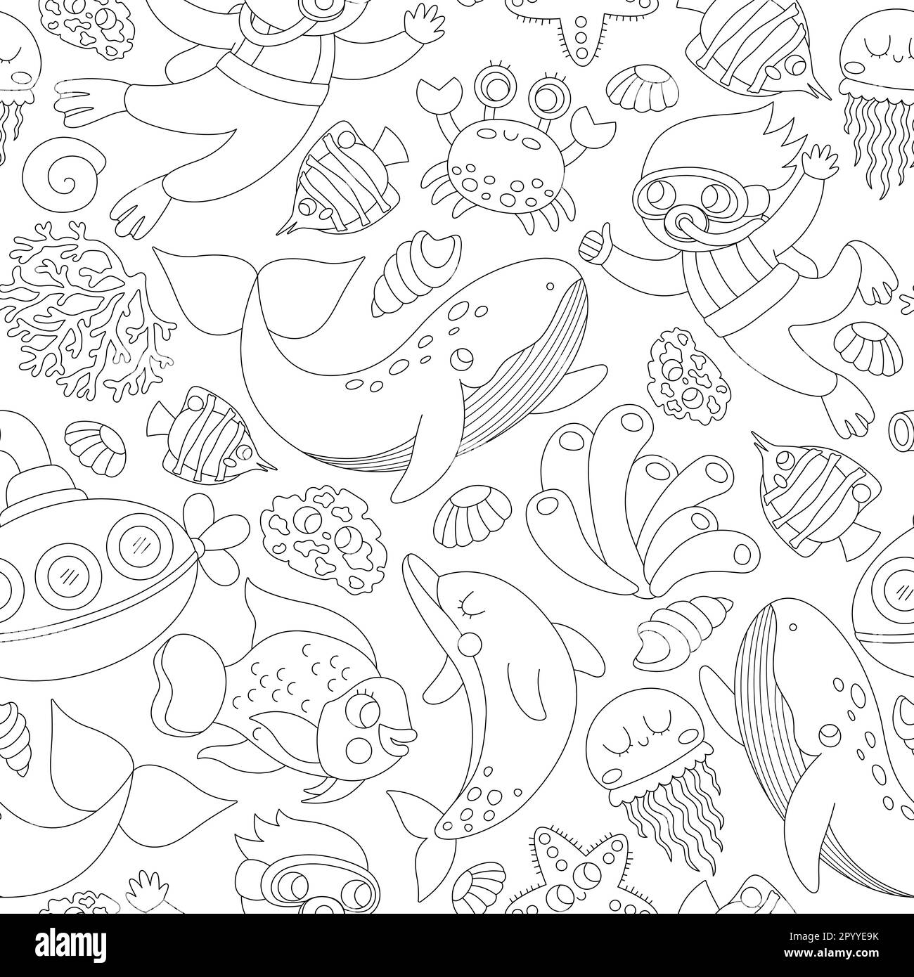 Motif vectoriel noir et blanc sous la mer sans couture. Répéter la ligne de fond avec le poisson, l'algue, les plongeurs, le sous-marin. Papier numérique Ocean Life, colori Illustration de Vecteur