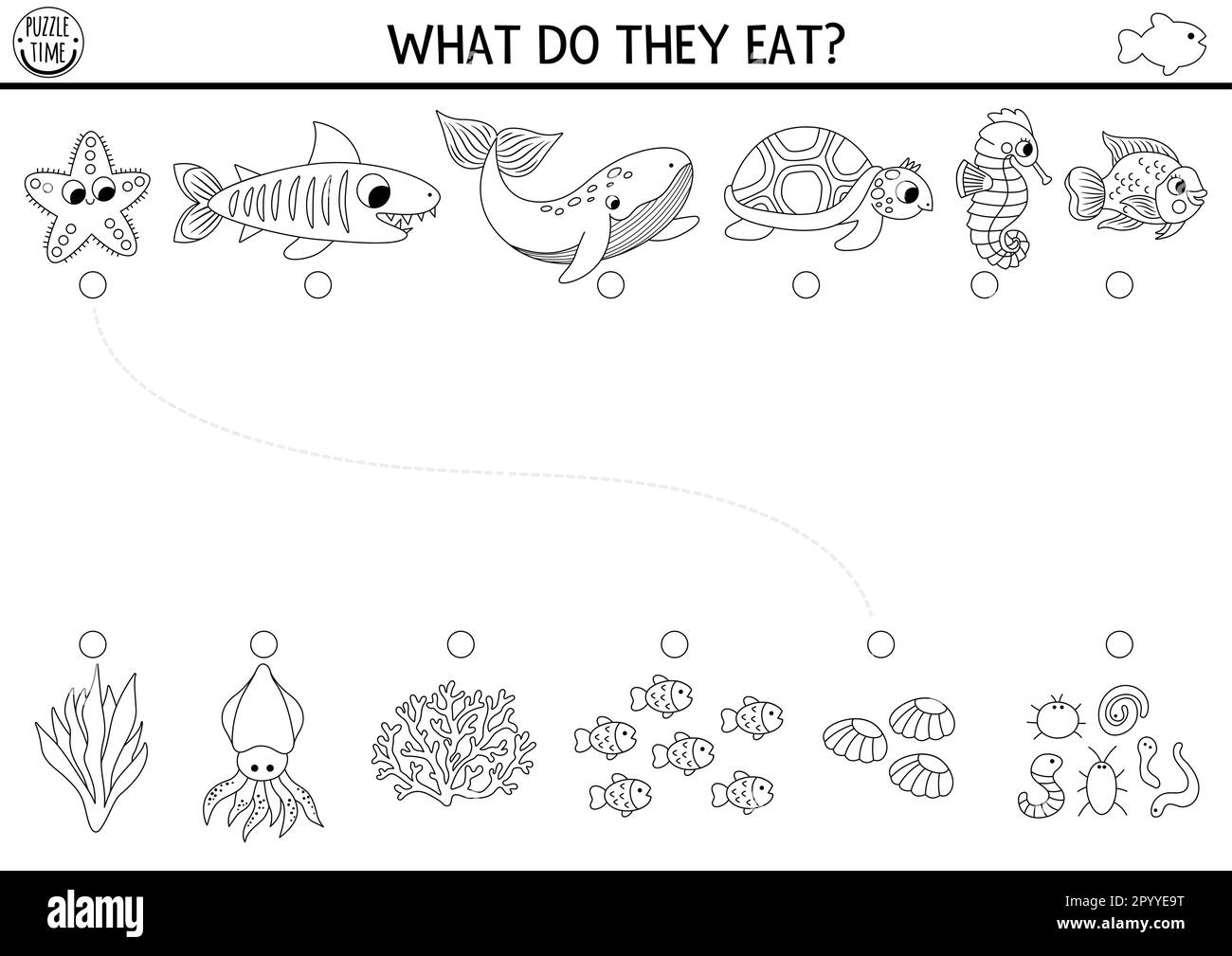 Sous la mer, noir et blanc assorti activité avec le poisson mignon, la nourriture. Casse-tête de ligne d'eau avec baleine, tortue, requin. Jeu d'objets de match. Animaux destinés à l'alimentation pr Illustration de Vecteur