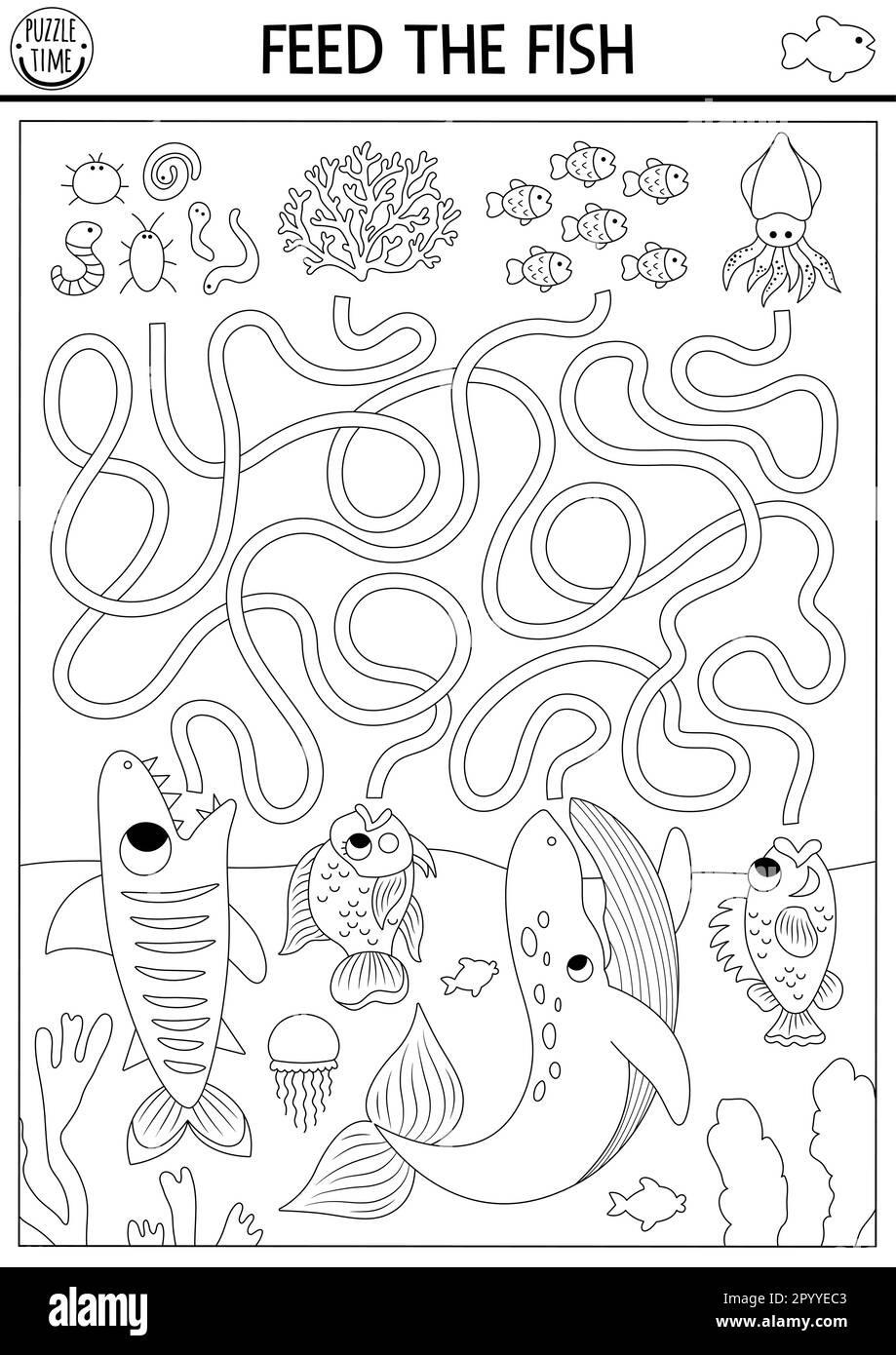 Sous la mer, labyrinthe noir et blanc pour les enfants avec tortue, baleine, requin, basse, parrotfish. Activité préscolaire de la ligne de l'océan avec poissons, nourriture. Eau lamyri Illustration de Vecteur