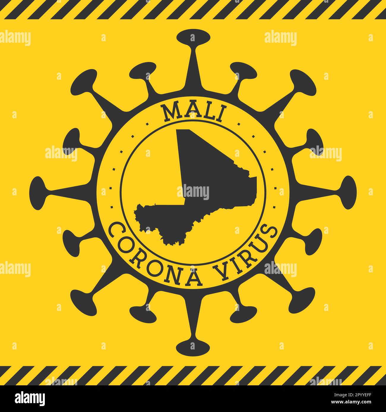 Corona virus au Mali signe. Badge rond avec forme de virus et carte Mali. Tampon de confinement épidémique Yellow Country. Illustration vectorielle. Illustration de Vecteur