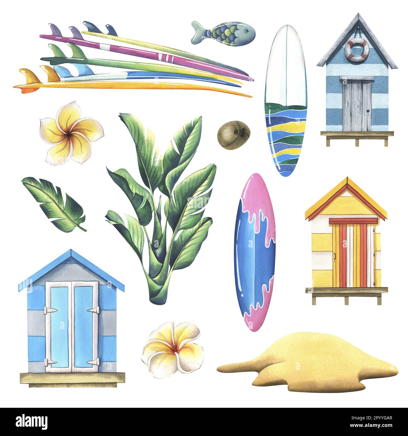 Cabines de plage avec planches de surf, feuilles tropicales et une île sablonneuse. Illustration aquarelle, dessinée à la main. Ensemble d'éléments isolés sur fond blanc. Banque D'Images