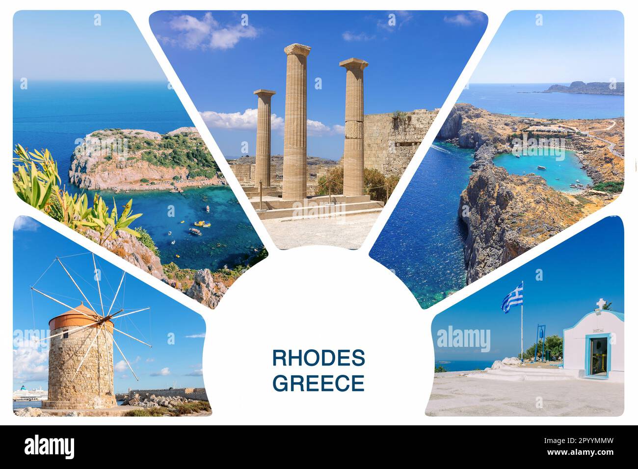 Collage de photos de Rhodes, Grèce. Vue sur le collage de photos depuis Rhodes, Grèce. Vue sur le magnifique paysage, les ruines antiques, la mer avec des voiliers et le littoral de l'île de Rhodes en mer Egée. Banque D'Images