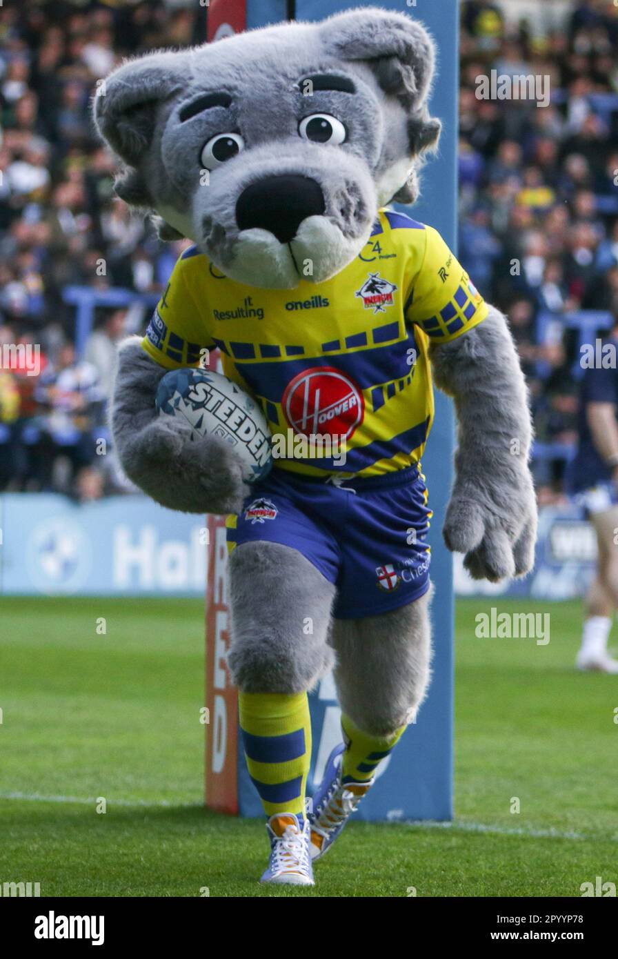 Warrington, Cheshire, Angleterre 5th mai 2023. La mascotte de Warrington montrant leur troisième kit, pendant la Warrington Wolves V Wakefield Trinity , au stade Halliwell Jones, dans la Super League de Betfred Banque D'Images