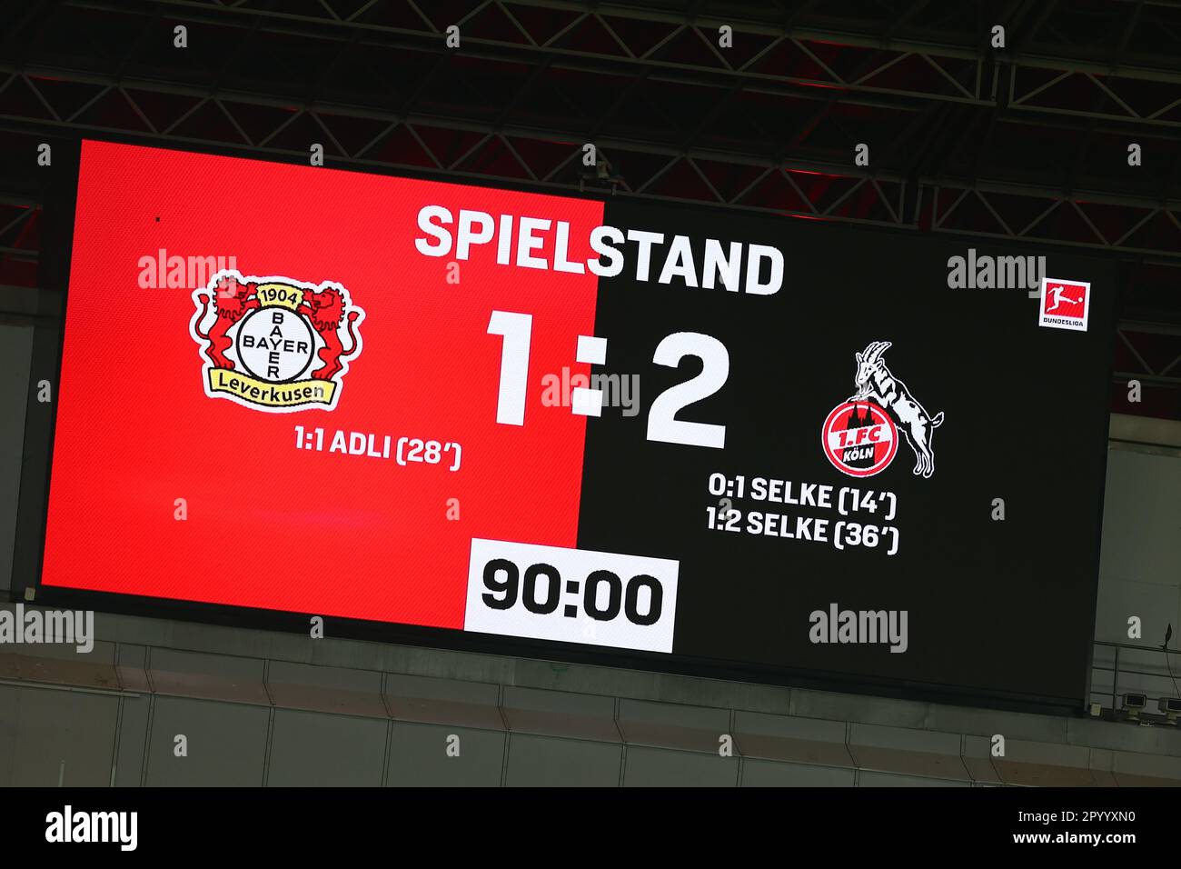 Leverkusen, Allemagne, 05.05.2023; Bayer 04 Leverkusen c. 1. FC Köln, football, 1. Bundesliga, Matchday 31, saison 2022/2023, 31.03.2023 Tableau de bord après 90 minutes. LES RÉGLEMENTATIONS DFL INTERDISENT TOUTE UTILISATION DE PHOTOGRAPHIES COMME SÉQUENCES D'IMAGES ET/OU QUASI-VIDÉO. Credit: News NRW / Alamy Live News Banque D'Images