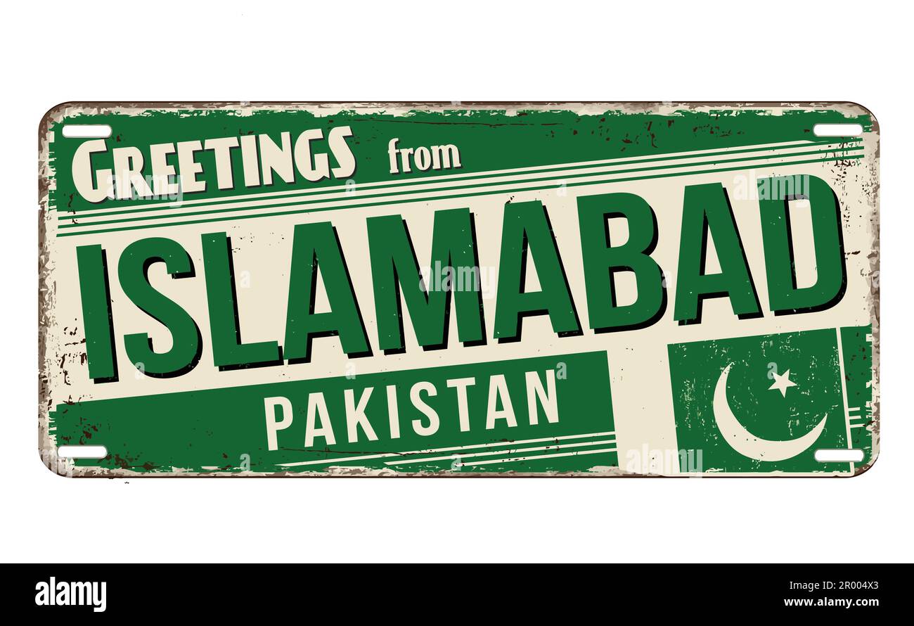 Salutations d'Islamabad vintage panneau en métal rouillé sur un fond blanc, illustration vectorielle Illustration de Vecteur