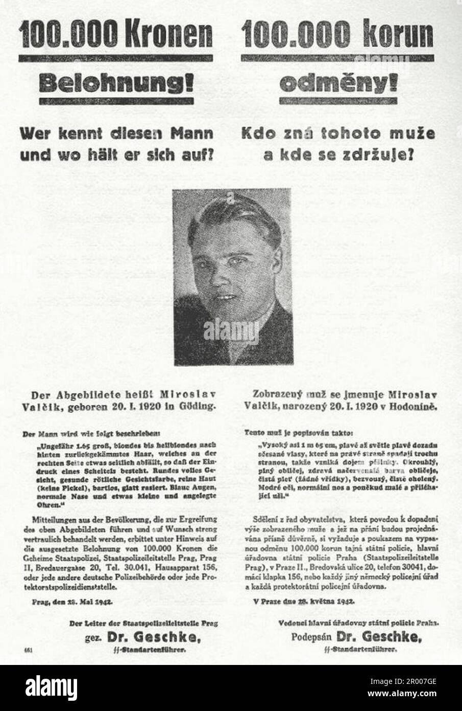 Affiche de récompense pour Josef Valčík, l'un des assassins de Reinhard Heydrich. Banque D'Images