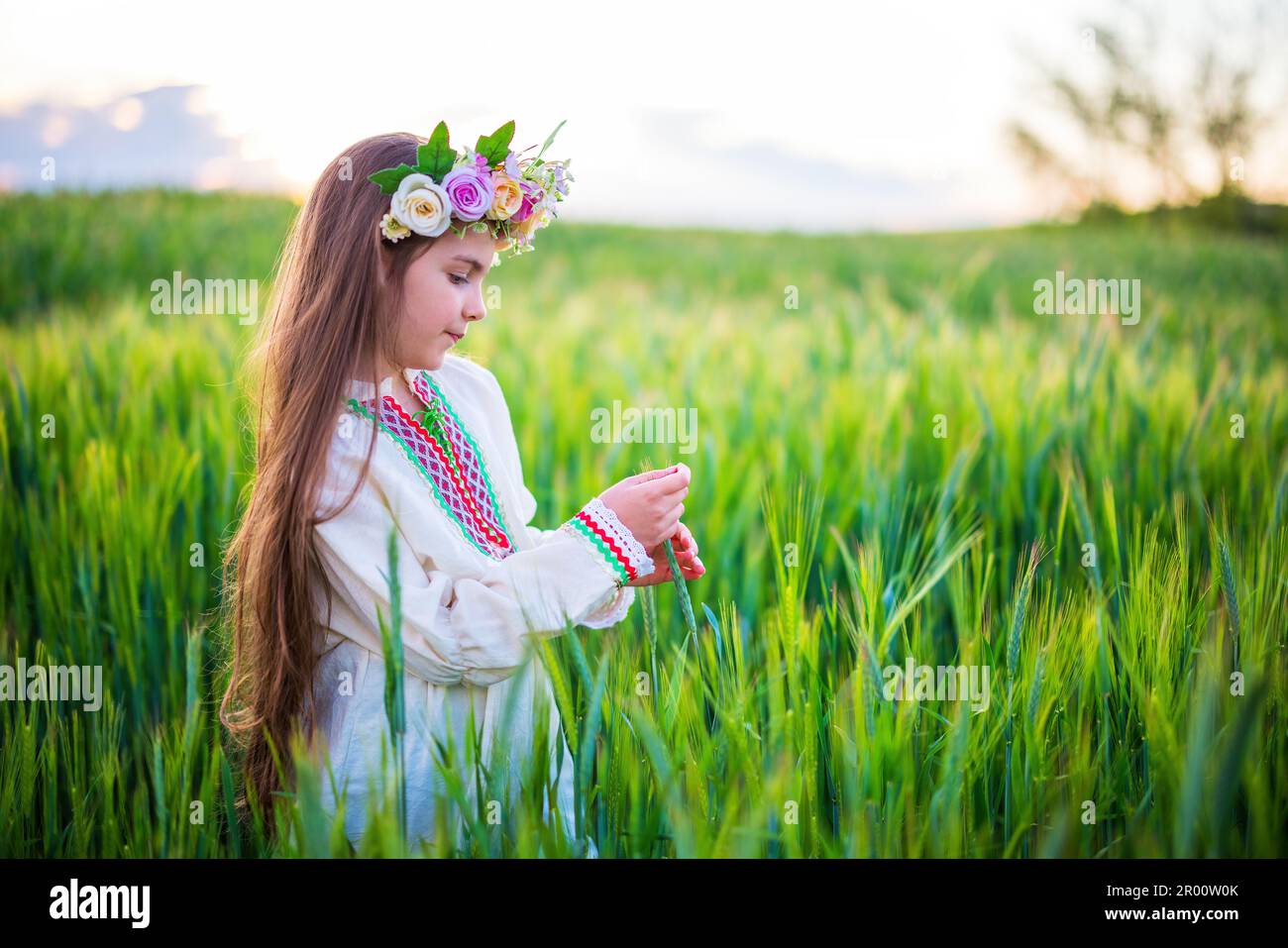 Belle jeune fille avec un chapelet de fleurs, robe folklorique ethnique avec broderie bulgare traditionnelle pendant le coucher du soleil sur un champ agricole de blé Banque D'Images