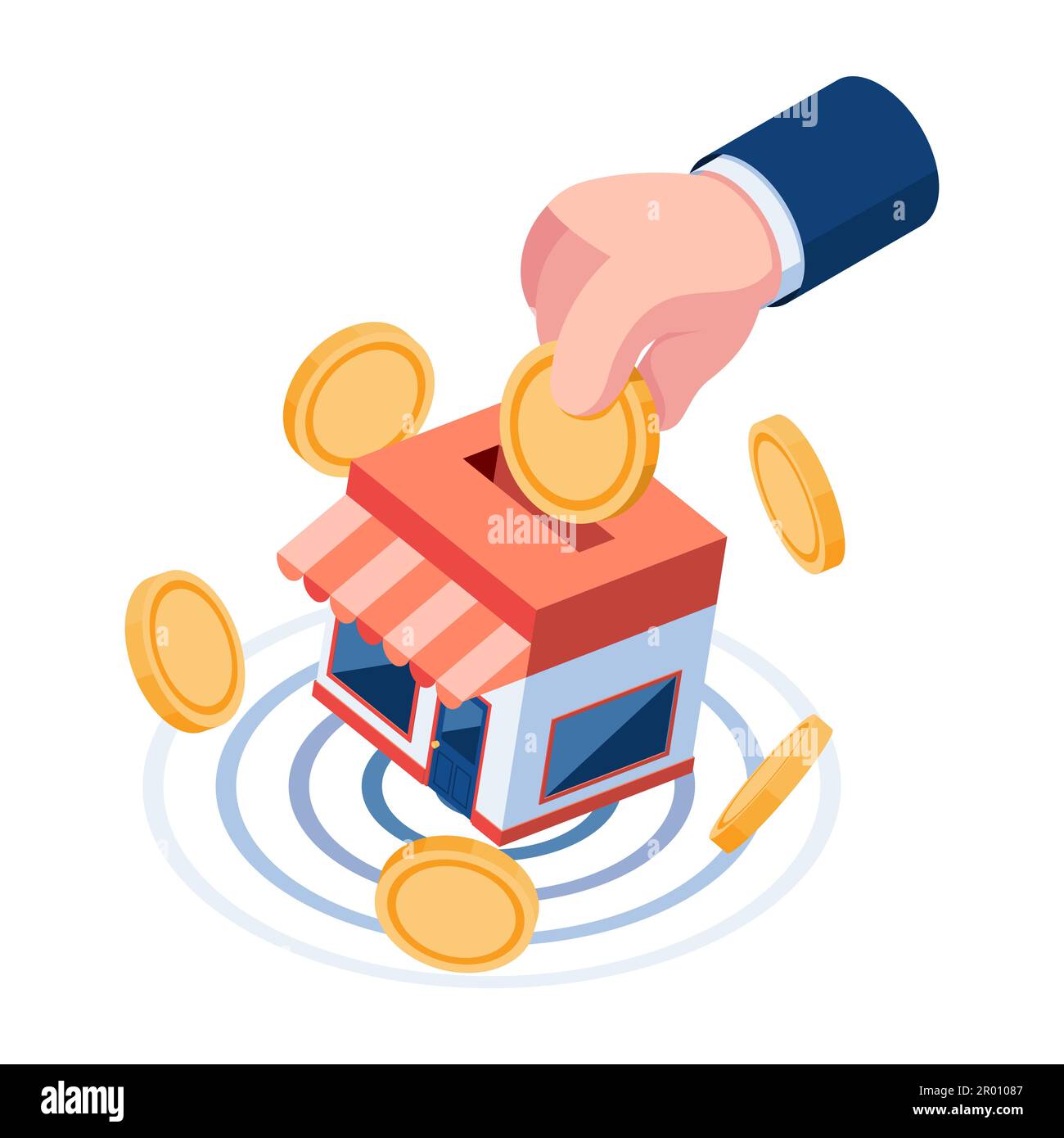 Appartement 3D Isométrique homme d'affaires économie de main d'argent dans le magasin. Concept d'investissement pour les petites entreprises. Illustration de Vecteur