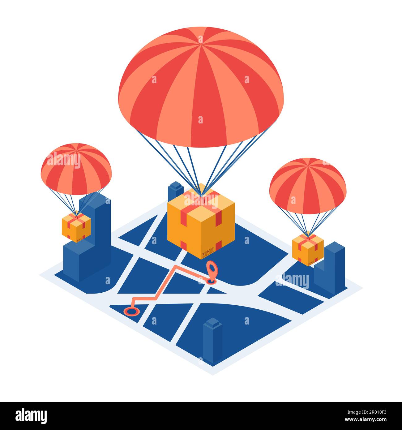 Appartement 3D Parcel isométrique avec parachute déposer sur le plan de la ville. Concept de service de livraison rapide. Illustration de Vecteur