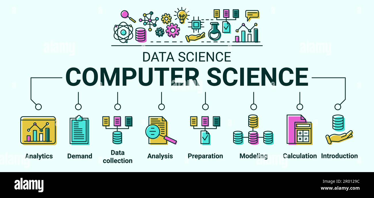 Science des données. Icônes ai. L'entreprise numérique. Processus statistique. Algorithmes de stratégie d'innovation. Analyse de l'automatisation des informations. Calcul et analyse Illustration de Vecteur