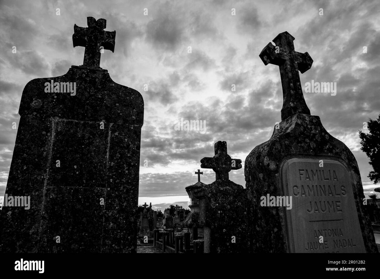Siluetas de cruces al atardecer, cementerio de llucmajor, Conmemoracion de los Fieles Difuntos, popularmente llamada Dia de Muertos o Dia de Dia de Difuntos, Banque D'Images