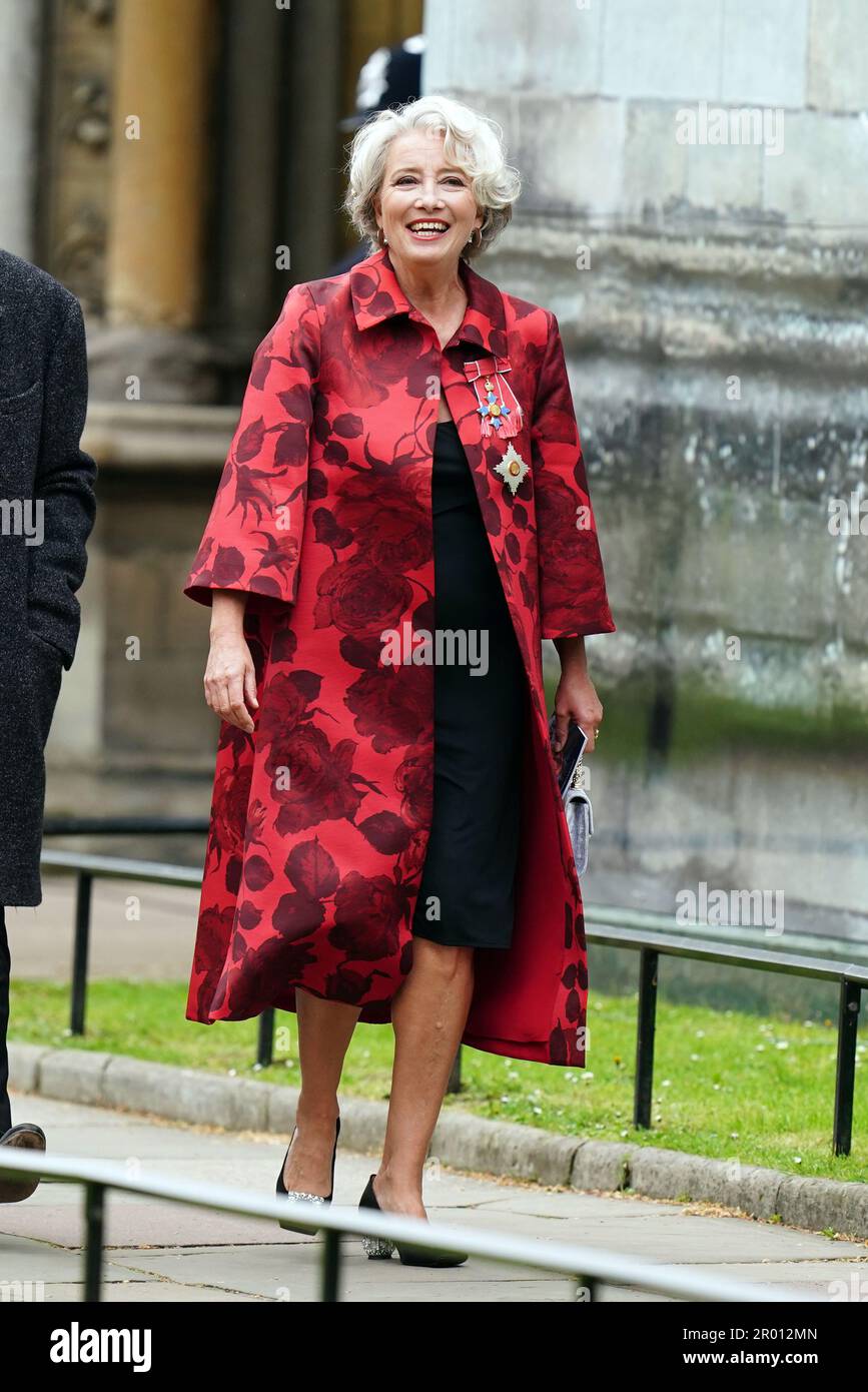 Dame Emma Thompson arrivant devant la cérémonie du couronnement du roi Charles III et de la reine Camilla à l'abbaye de Westminster, Londres. Date de la photo: Samedi 6 mai 2023. Banque D'Images
