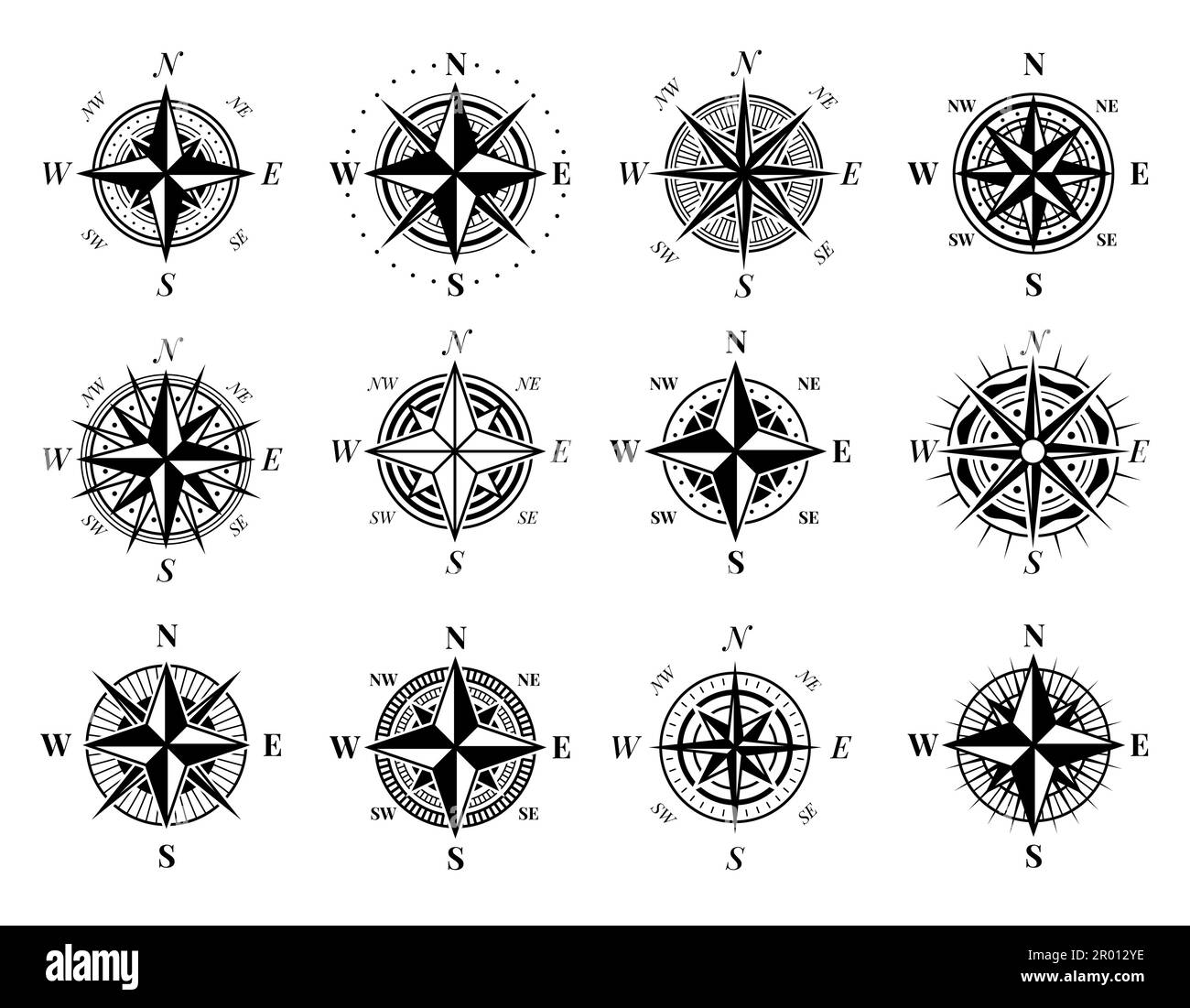 Ensemble d'icônes de la boussole. Icônes de rose des vents. Symbole de compas nautique vintage avec directions nord-sud-ouest et est. Silhouettes d'équipement de navigation. RETR Illustration de Vecteur
