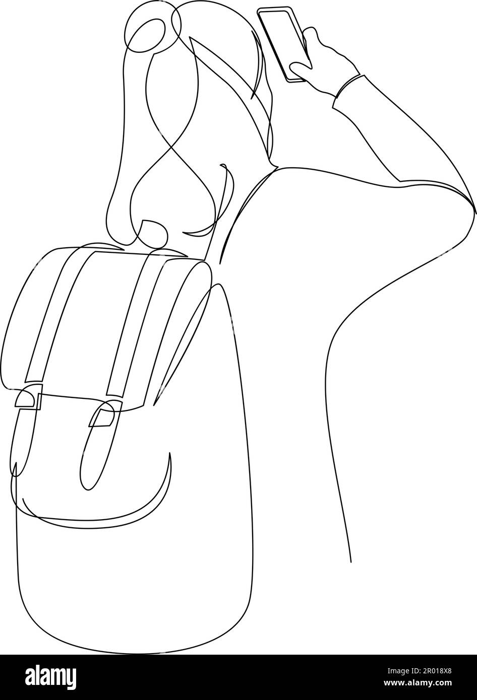 Vue arrière d'une femme touriste avec un sac à dos prendre une photo par smartphone ligne continue dessin. Concept de voyage isolé sur fond blanc dessiné par on Illustration de Vecteur