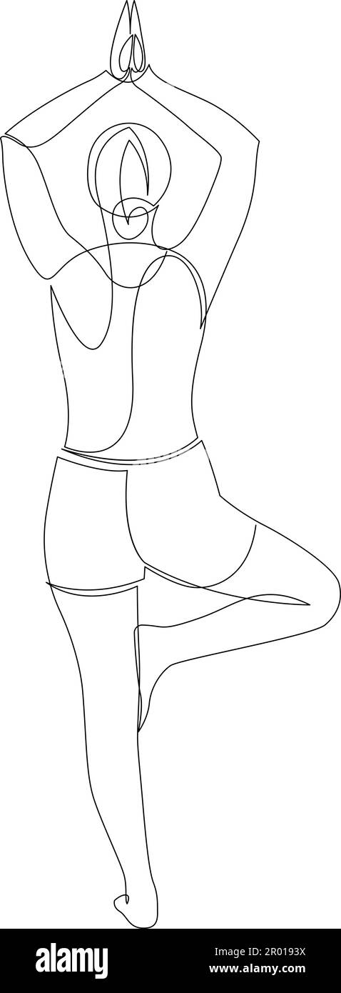 Dessin continu d'une ligne de femme debout dans la pose de yoga avec les bras au-dessus de la tête. Dessin d'une seule ligne de femmes fitness yoga concept santé Internationa Illustration de Vecteur