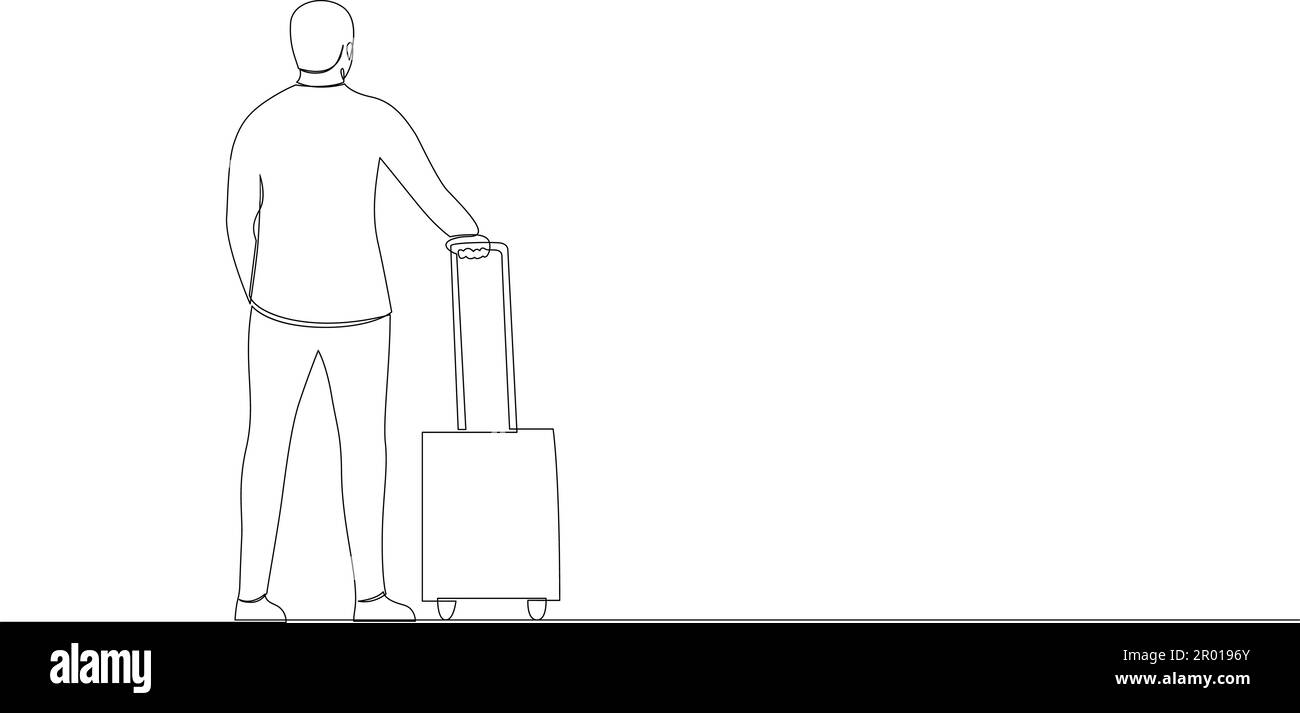 Une ligne continue de dessin d'un touriste avec des bagages attend le transport. Voyageur avec valise en vacances. Homme voyageant avec des bagages. Simple Illustration de Vecteur