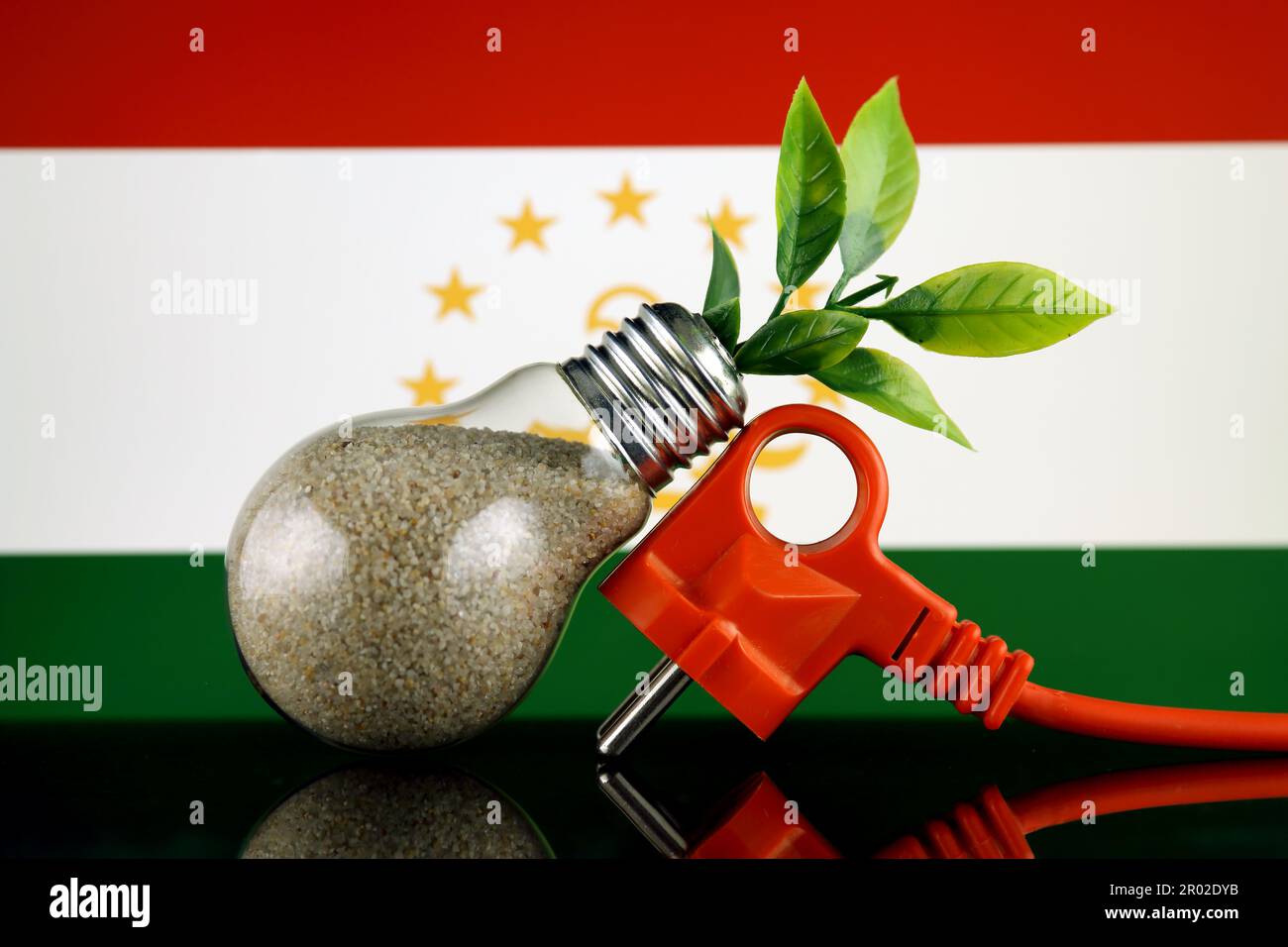 Bouchon, plante poussant à l'intérieur de l'ampoule et drapeau du Tadjikistan. Concept d'énergie renouvelable écologique. Banque D'Images