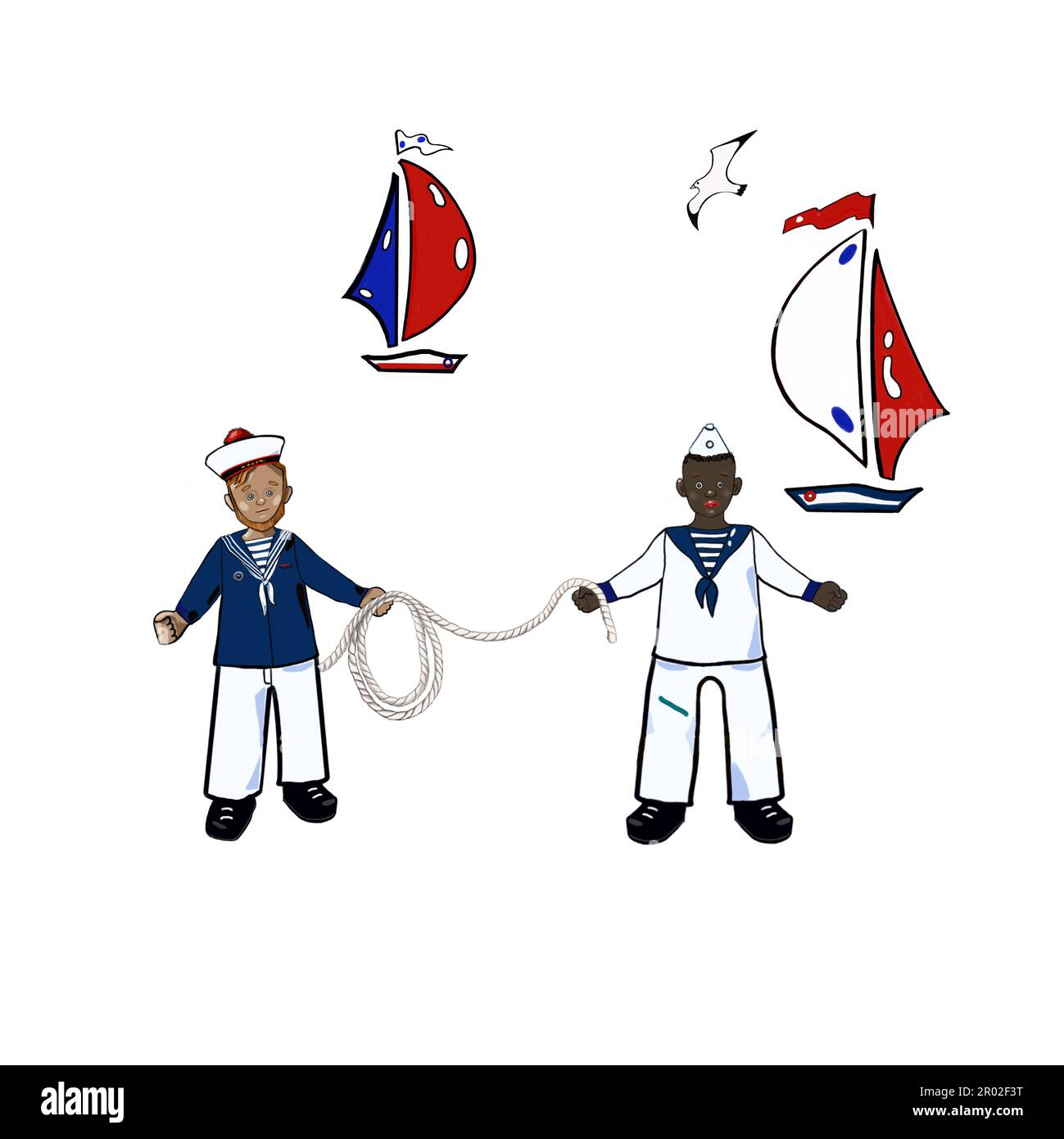 marine, set de mer, marins, yacht, mouette sur fond blanc Banque D'Images