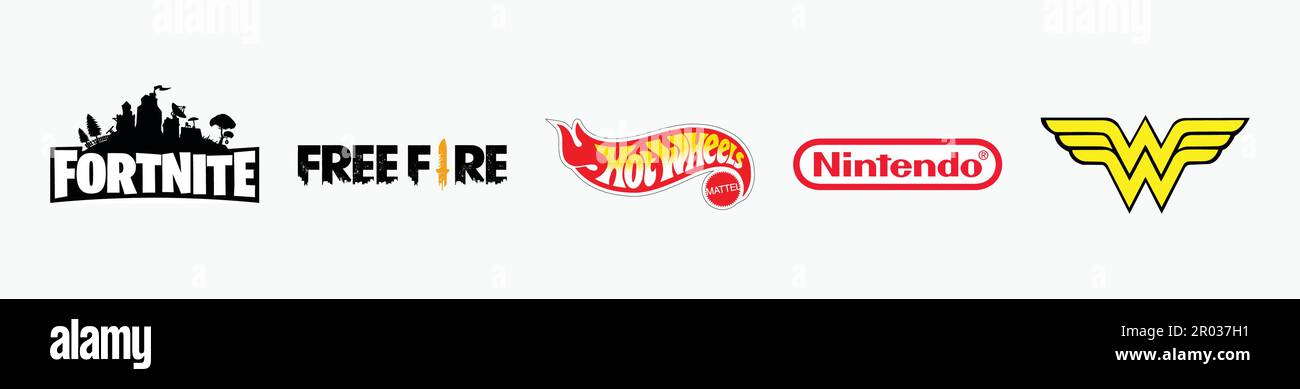 Logo Fortnite, logo Free Fire, logo Hot Wheels, logo Nintendo, logo Wonder Woman. Illustration du logo du vecteur de jeu. Illustration de Vecteur