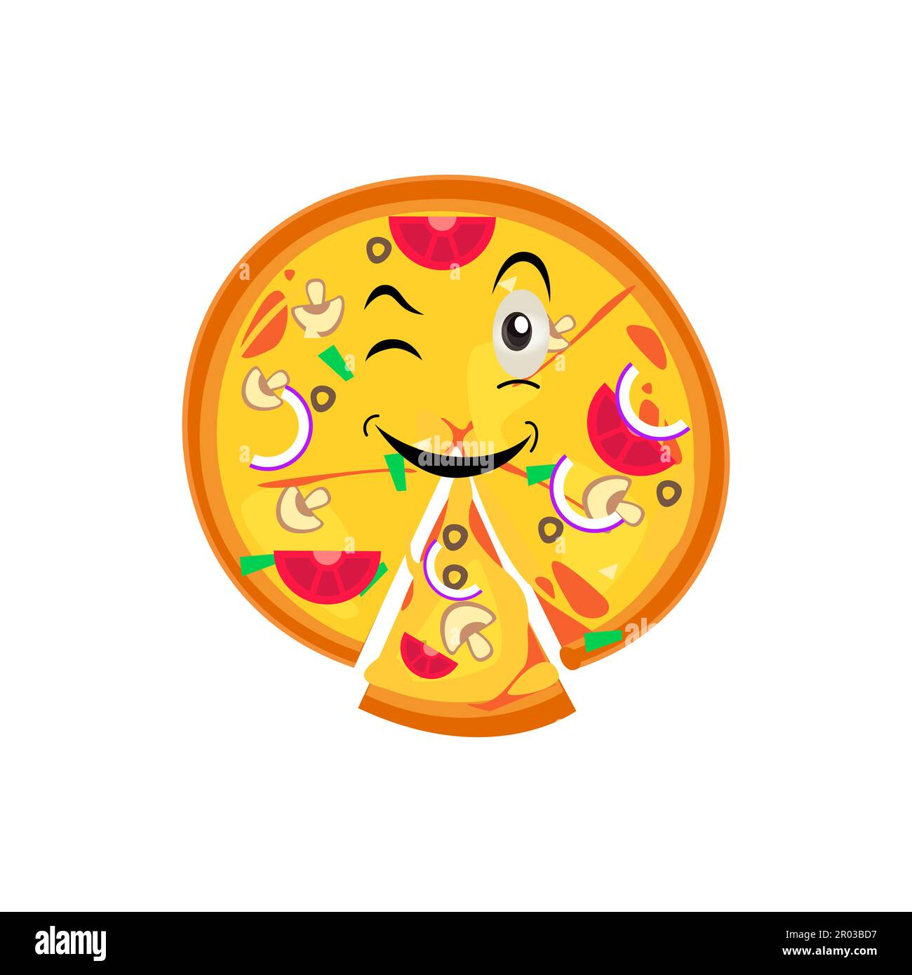 Drôle Happy pizza show Peace Gesture logo. Icône d'illustration de personnage de dessin animé kawaii à lignes de Doodle vectorielles. Concept du logo de la citation de pizza. Fast Food Vector Illustration de Vecteur