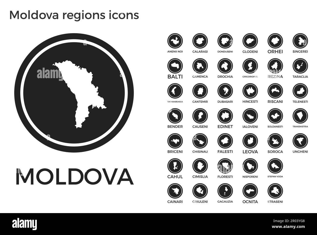Icônes des régions de Moldavie. Logos ronds noirs avec cartes et titres des pays. Illustration vectorielle. Illustration de Vecteur