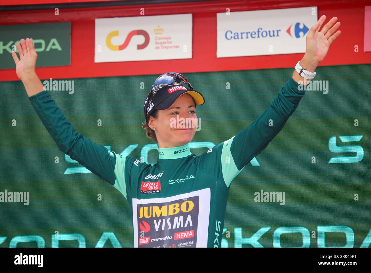 Laredo, Espagne, le 06th mai 2023: La cycliste de l'équipe Jumbo-Visma, Marianne vos avec le maillot vert de la classification de régularité pendant la phase 6th de la LaVuelta féminine par Carrefour 2023 entre Castro-Urdiales et Laredo, sur 06 mai de 2023, à Laredo, Espagne. Credit: Alberto Brevers / Alay Live News Banque D'Images