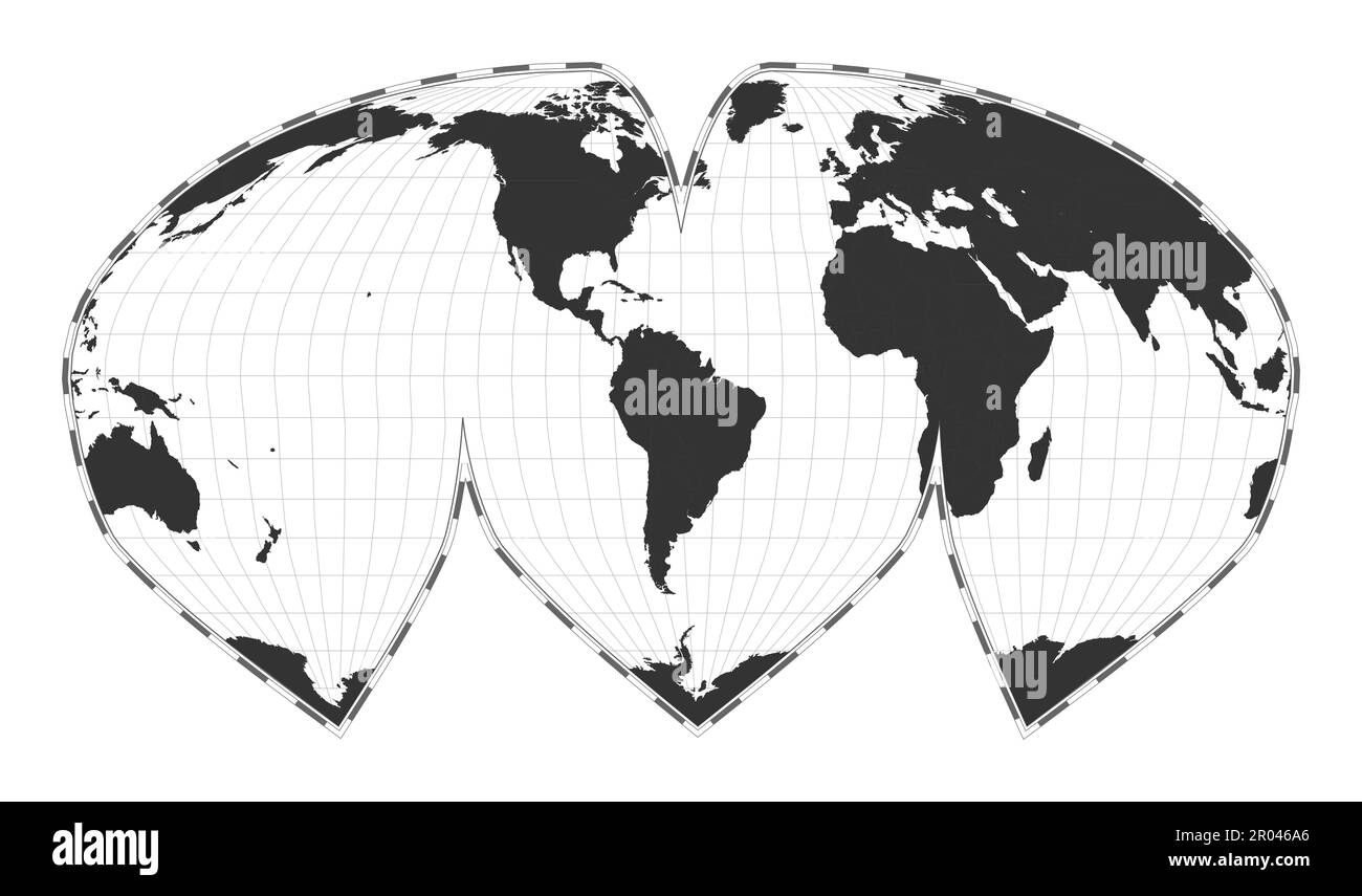 Carte du monde vectorielle. La projection sinu-mollweide interrompue d'Alan K. Philbrick. Carte géographique du monde simple avec les lignes de latitude et de longitude. Illustration de Vecteur