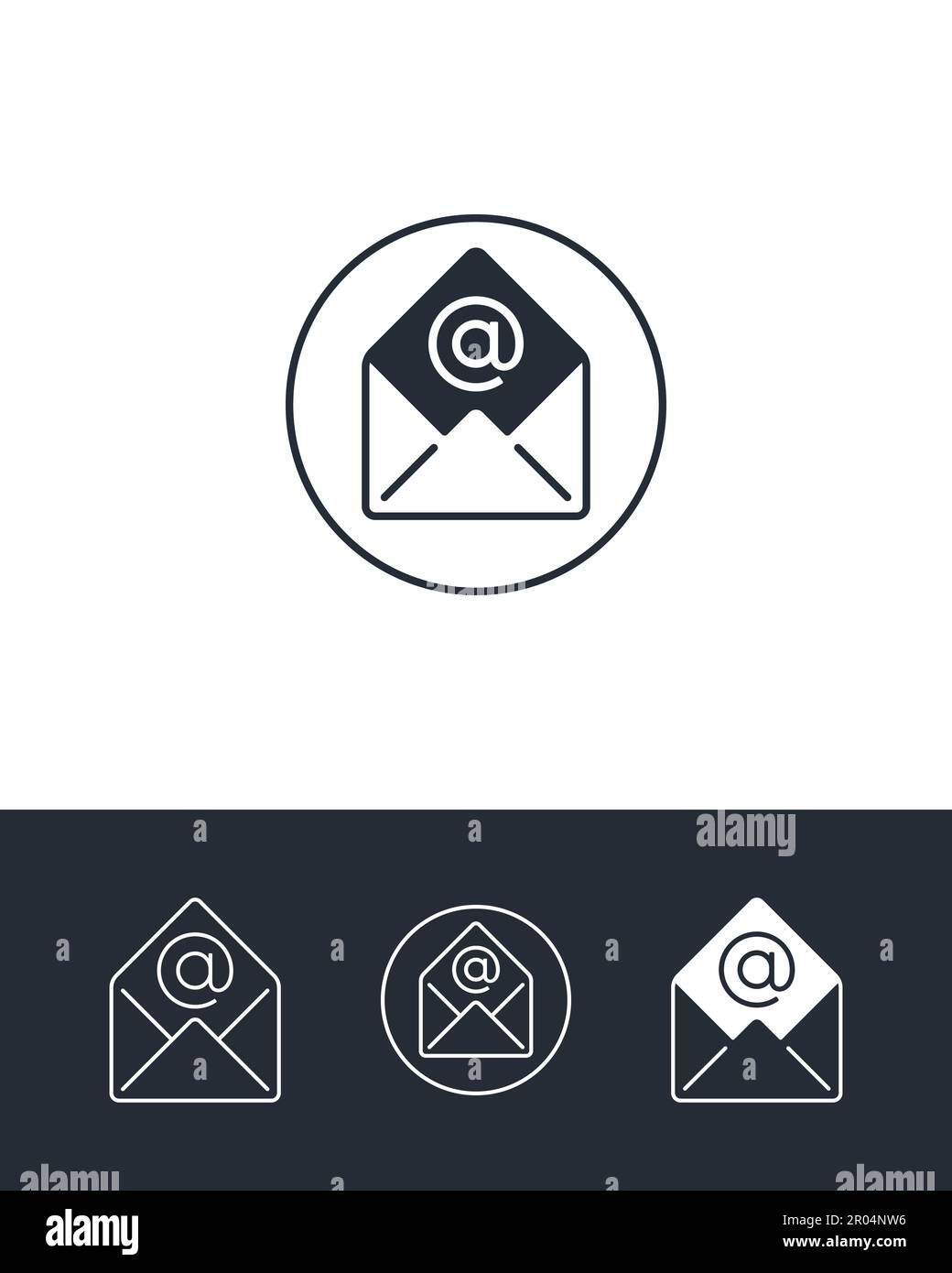 Contour du message et icônes pleines sur fond noir et blanc. Envoyer des symboles isolés par e-mail. Illustration de Vecteur