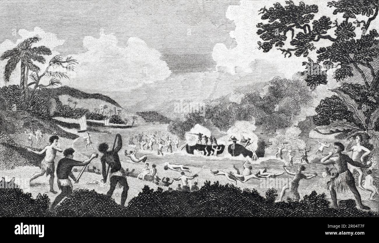 Le massacre d'une partie de l'équipage du navire de Perouse à Maouna, une des îles des navigateurs. Publié par Richard Phillips, 1809. Banque D'Images