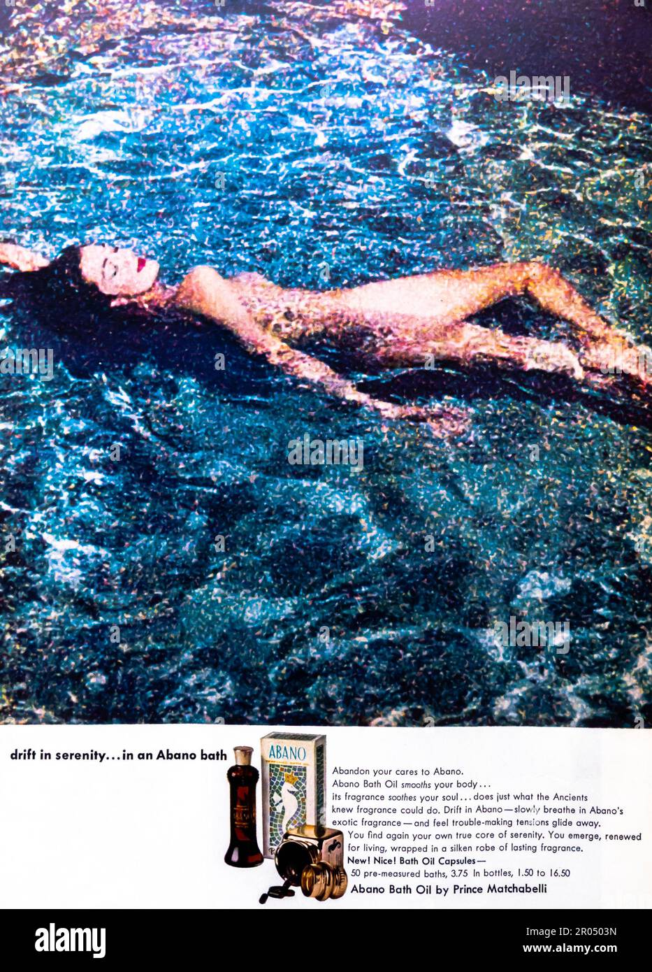 Prince Matchabelli Abano Bath Oil publicité dans un magazine Journal, 1965 Banque D'Images