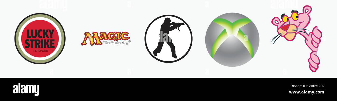 Logo Magic The Gathering, logo Counter-Strike, logo Lucky Strike, logo Xbox 360, logo Pink Panther. Illustration du logo du vecteur de jeu. Illustration de Vecteur