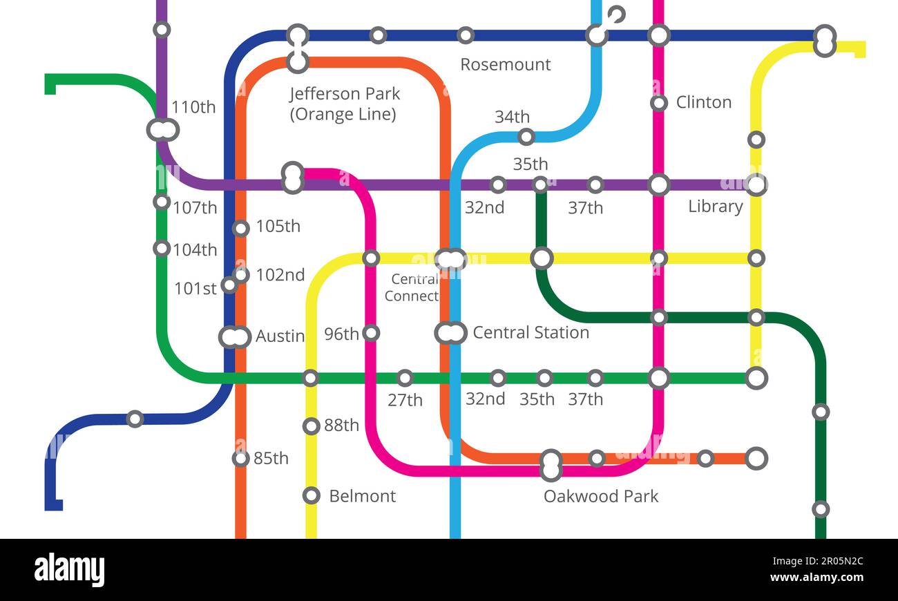 Métro, train et carte pour les transports, la navigation et les voyages avec infrastructure en métro. Carte de la ville, transport en métro et schéma Banque D'Images
