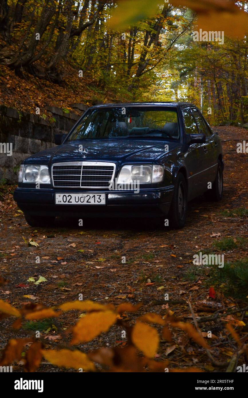 Bleu minuit 1995 Mercedes-Benz E200 dans la forêt d'automne à Dilijan, Arménie Banque D'Images