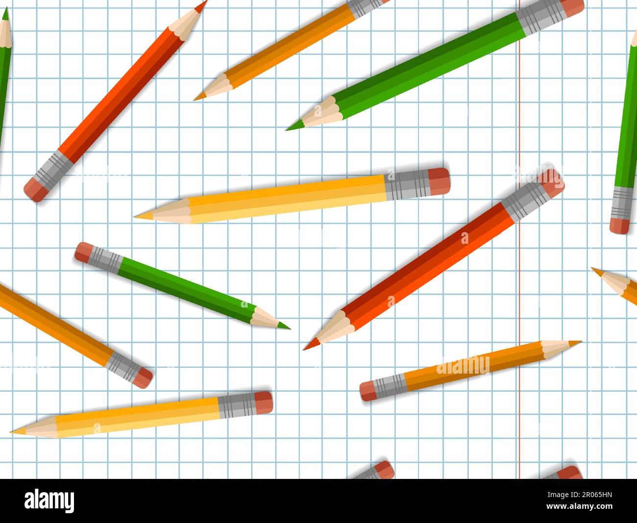 Crayons de couleur avec gomme, fournitures scolaires, papeterie, bloc-notes à carreaux. Le concept de la scolarisation, de retour à l'école, de la première fois à l'école Illustration de Vecteur