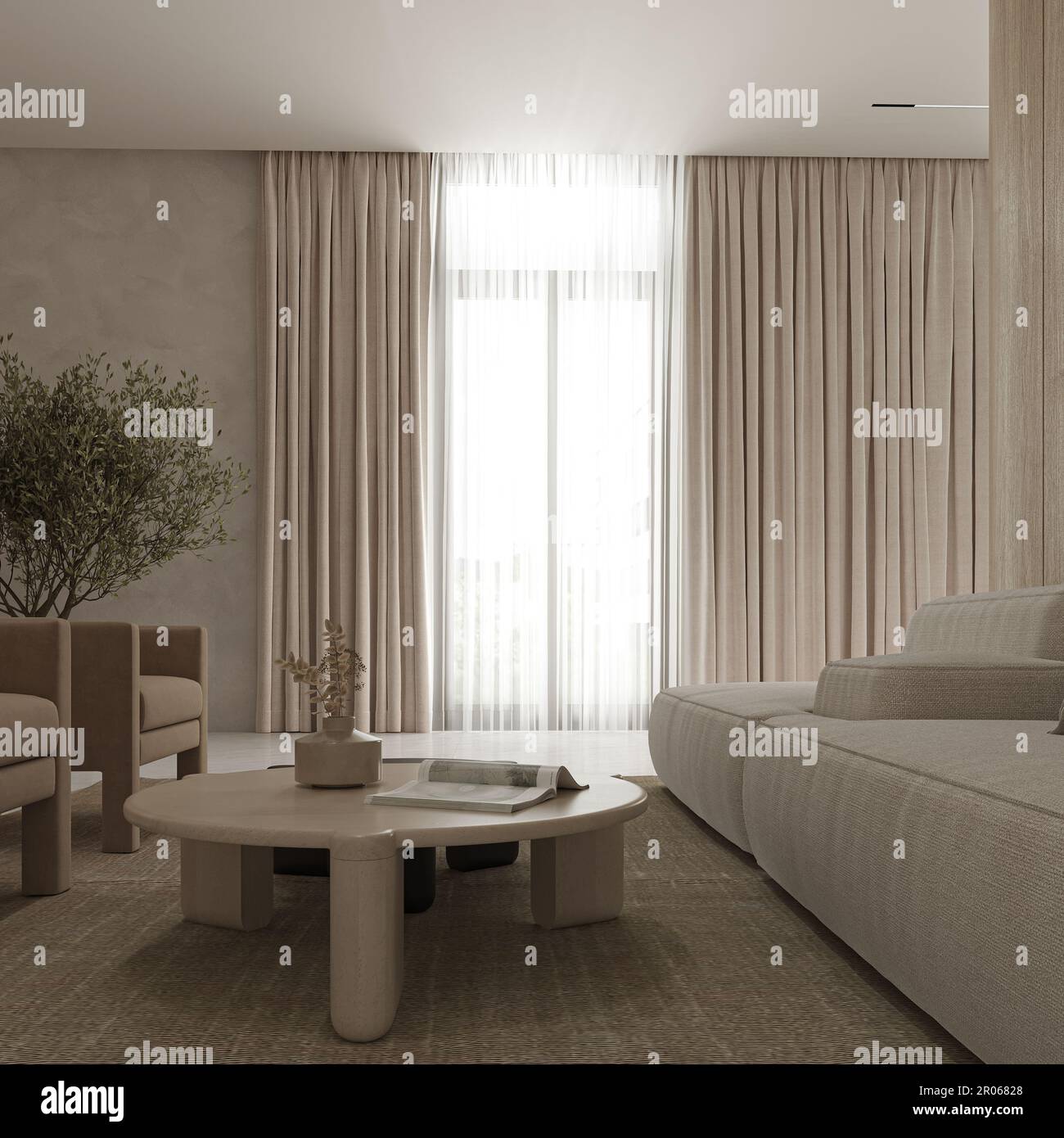 Minimalisme intérieur beige blanc salon avec mobilier, plantes vertes et fauteuil. Plafond avec éclairage moderne et chaleureux. 3d rendu. Haute qualité 3D Banque D'Images