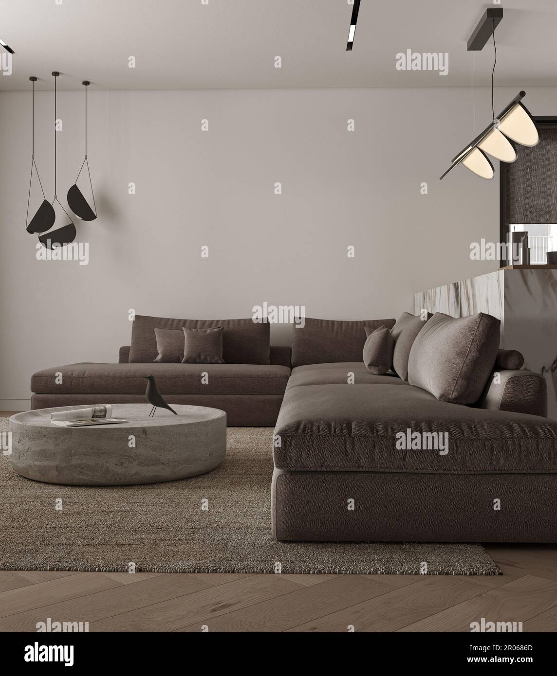 Simple classique minimalisme intérieur blanc gris salon avec table en pierre, lampe, plafonnier et fauteuil. Maquette d'un mur vide. 3d rendu. Élevée Banque D'Images
