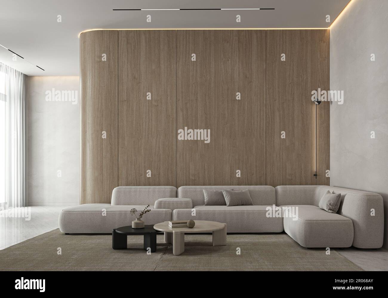 Décoration intérieure classique beige blanc minimaliste, mobilier, sol en marbre. Plafond avec éclairage moderne et chaleureux. 3d rendu. Élevée Banque D'Images